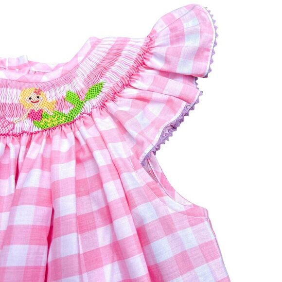 Southern Sunshine Classic Whimsy Mermaid Smocked Embroidered Pink Plaid Dress 6 - Picture 3 of 7